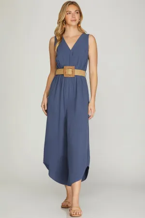 Linen Mix Belted Culotte Jumpsuit