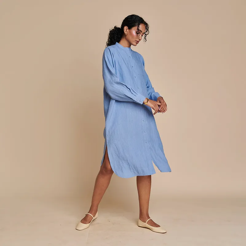 Linen Shirt Dress for Women | Blue | Full Sleeves