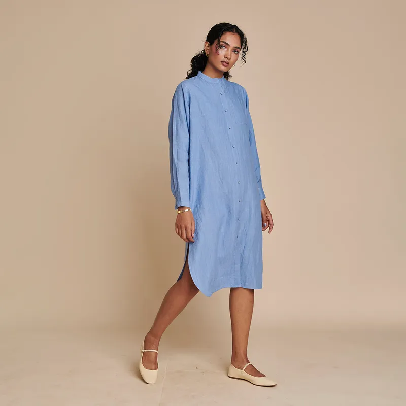 Linen Shirt Dress for Women | Blue | Full Sleeves