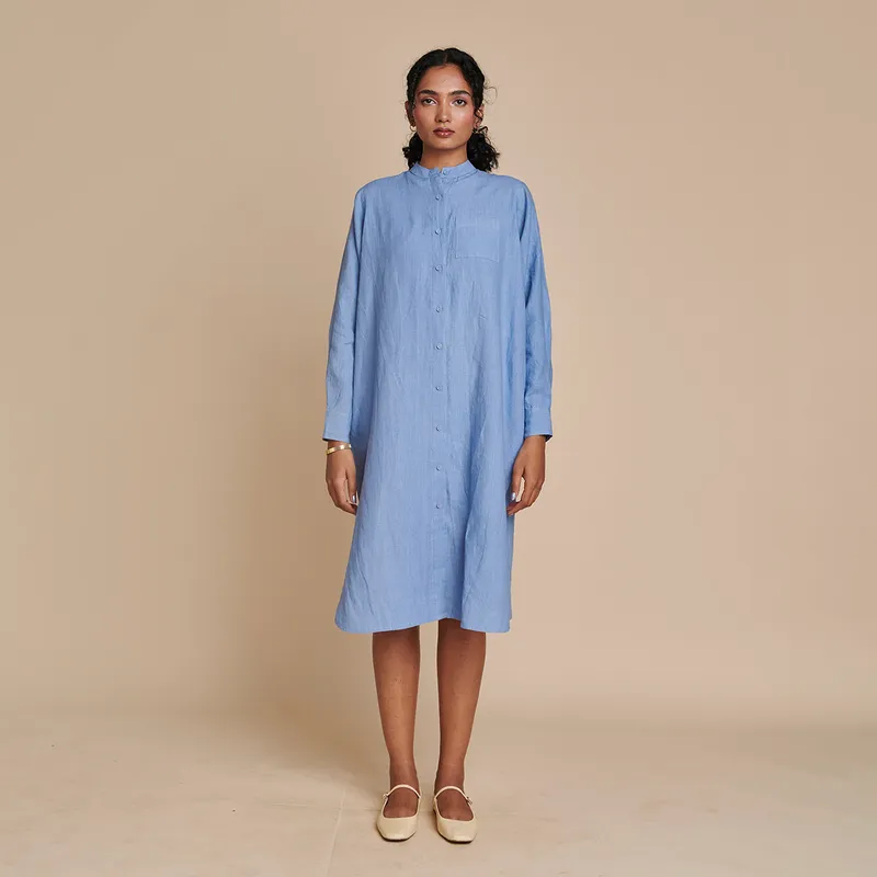 Linen Shirt Dress for Women | Blue | Full Sleeves