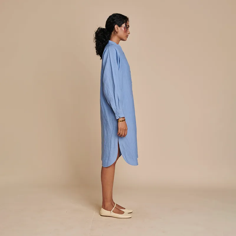 Linen Shirt Dress for Women | Blue | Full Sleeves