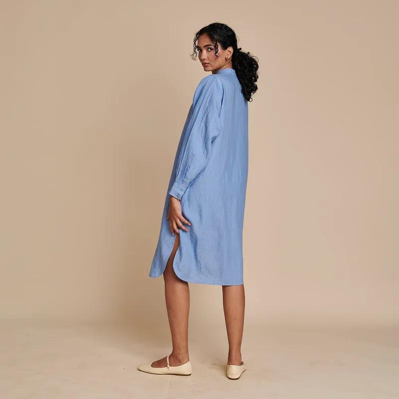 Linen Shirt Dress for Women | Blue | Full Sleeves