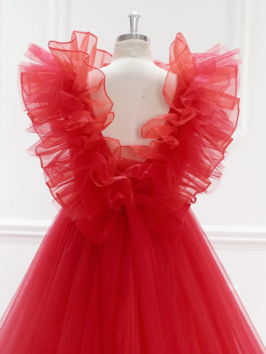 Long Train Ruffles Tulle Red Wedding Dress Photo Shoot Dress YW230920