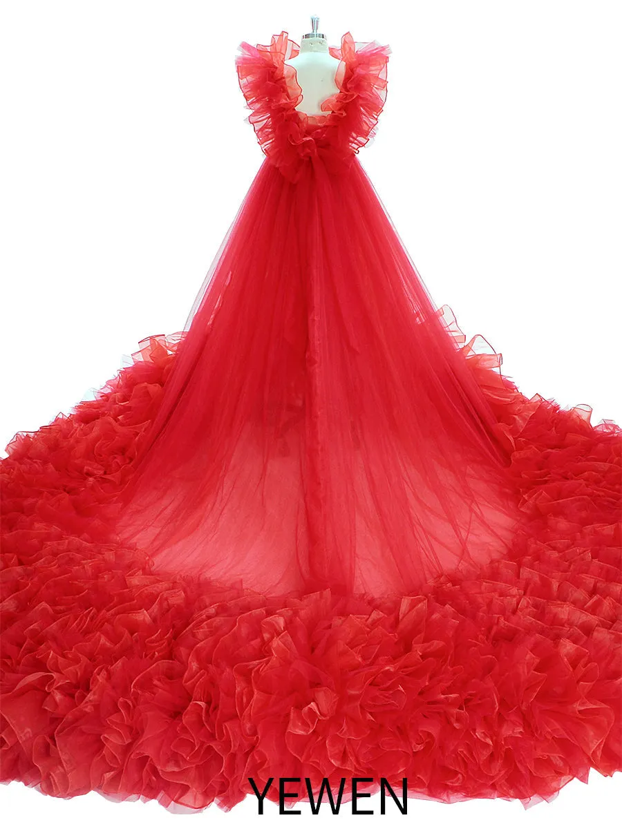 Long Train Ruffles Tulle Red Wedding Dress Photo Shoot Dress YW230920