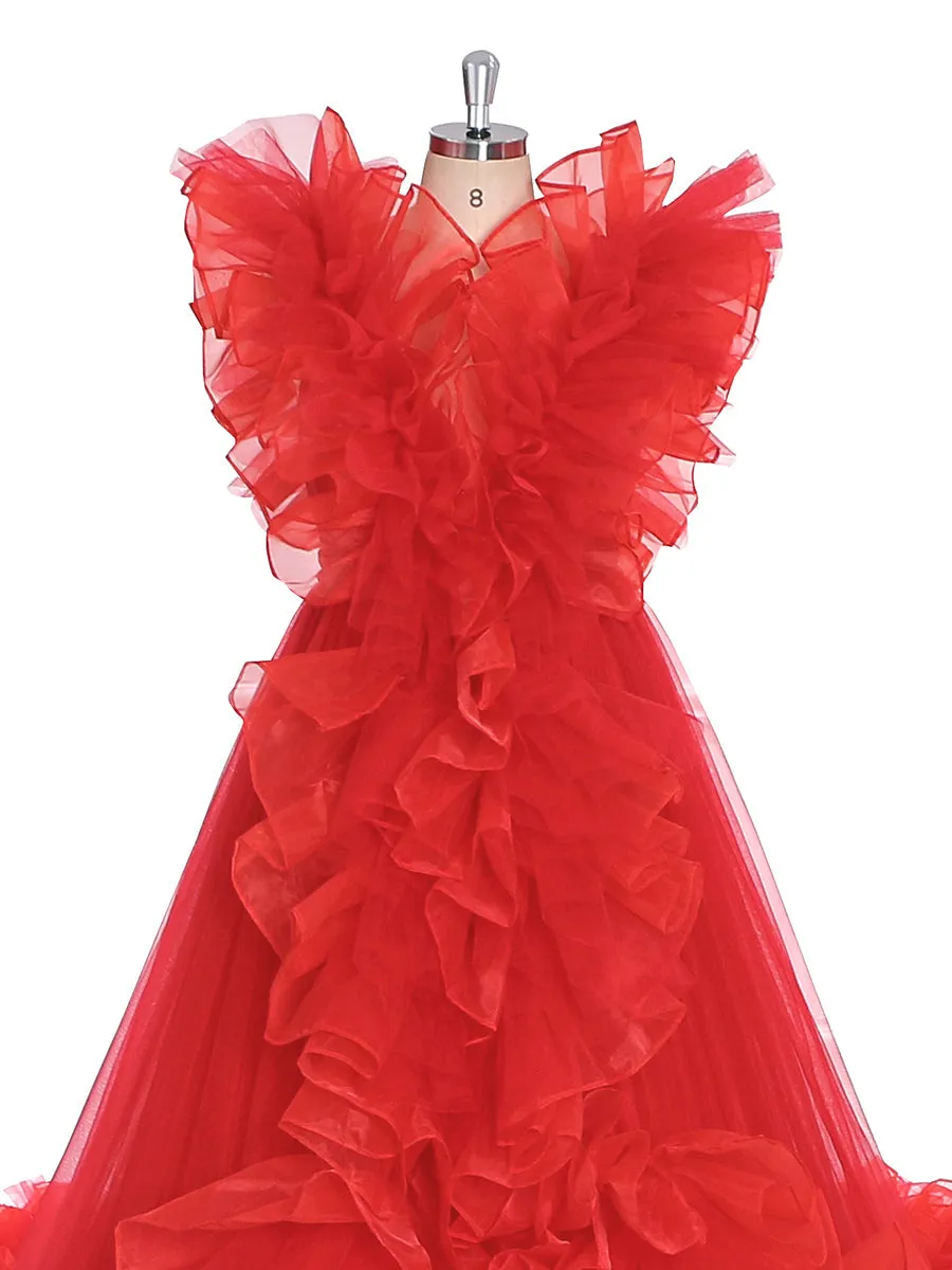 Long Train Ruffles Tulle Red Wedding Dress Photo Shoot Dress YW230920