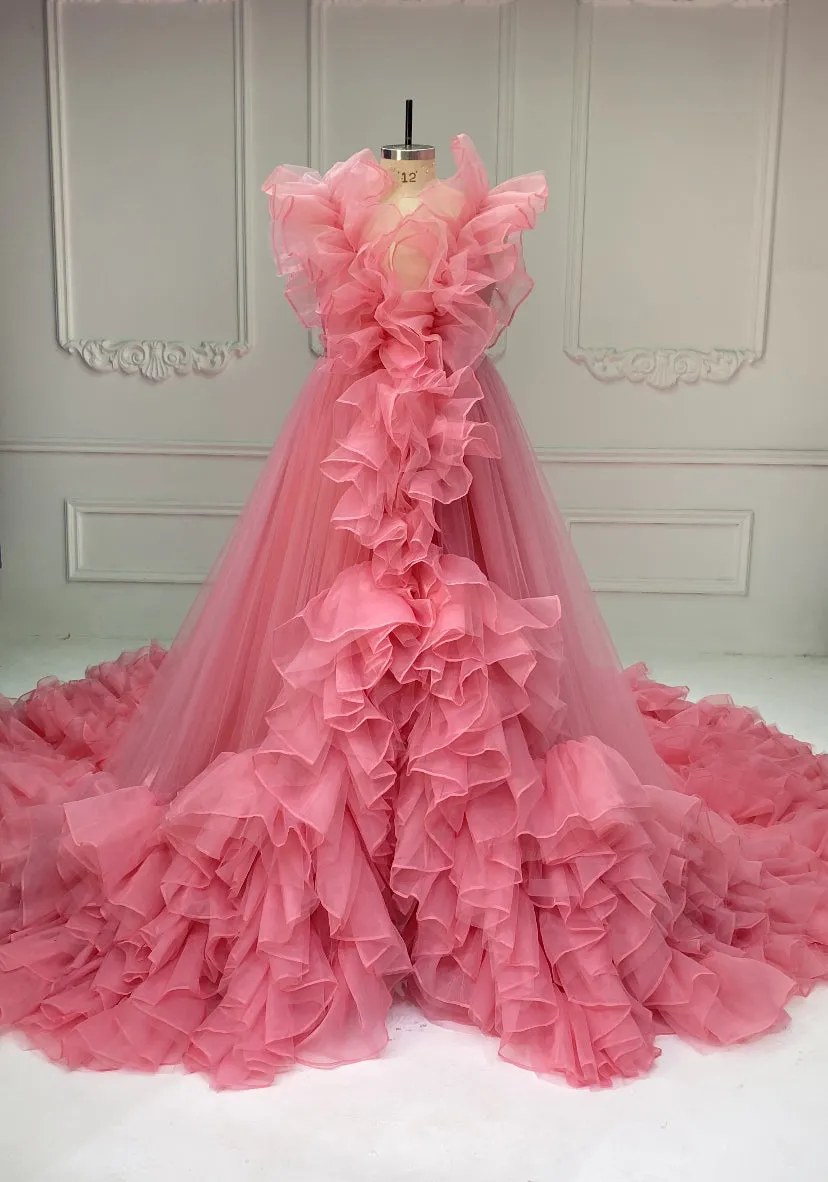 Long Train Ruffles Tulle Red Wedding Dress Photo Shoot Dress YW230920