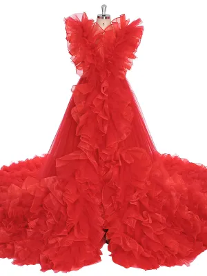 Long Train Ruffles Tulle Red Wedding Dress Photo Shoot Dress YW230920