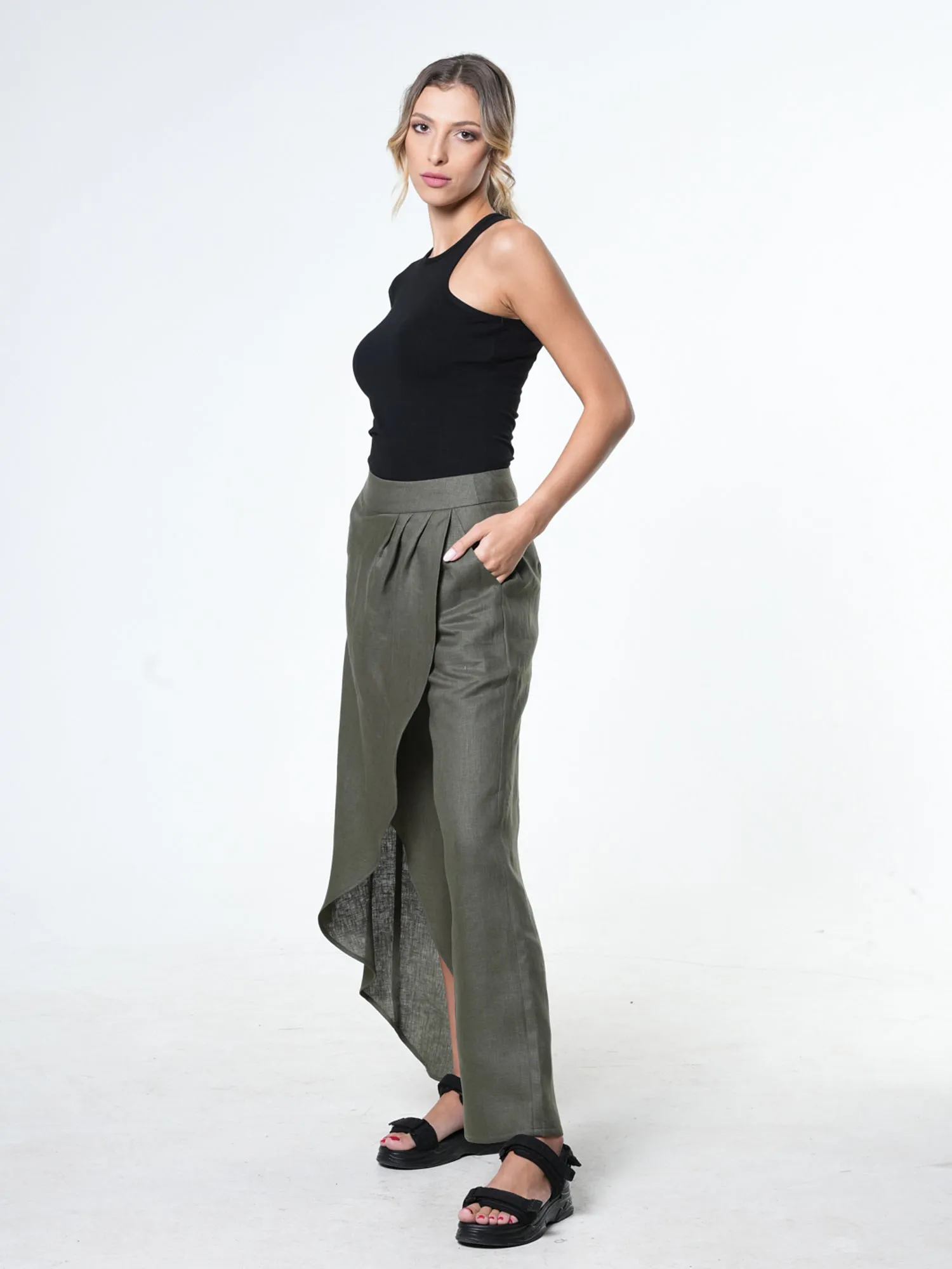 Loose Linen Pants In Khaki