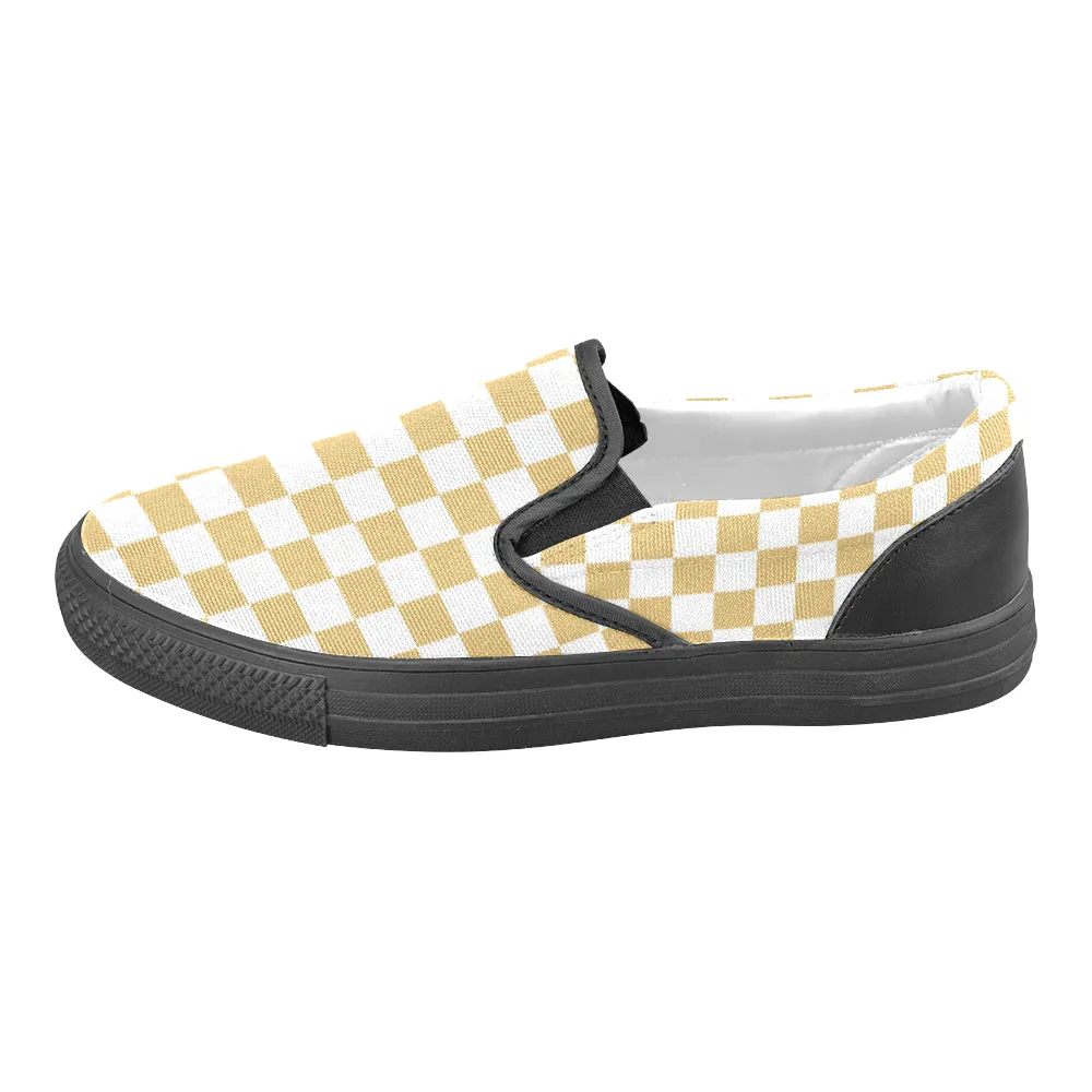 Men's Big Size Mustard Checks Print Slip-on Canvas Shoes