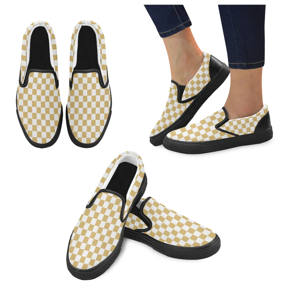 Men's Big Size Mustard Checks Print Slip-on Canvas Shoes