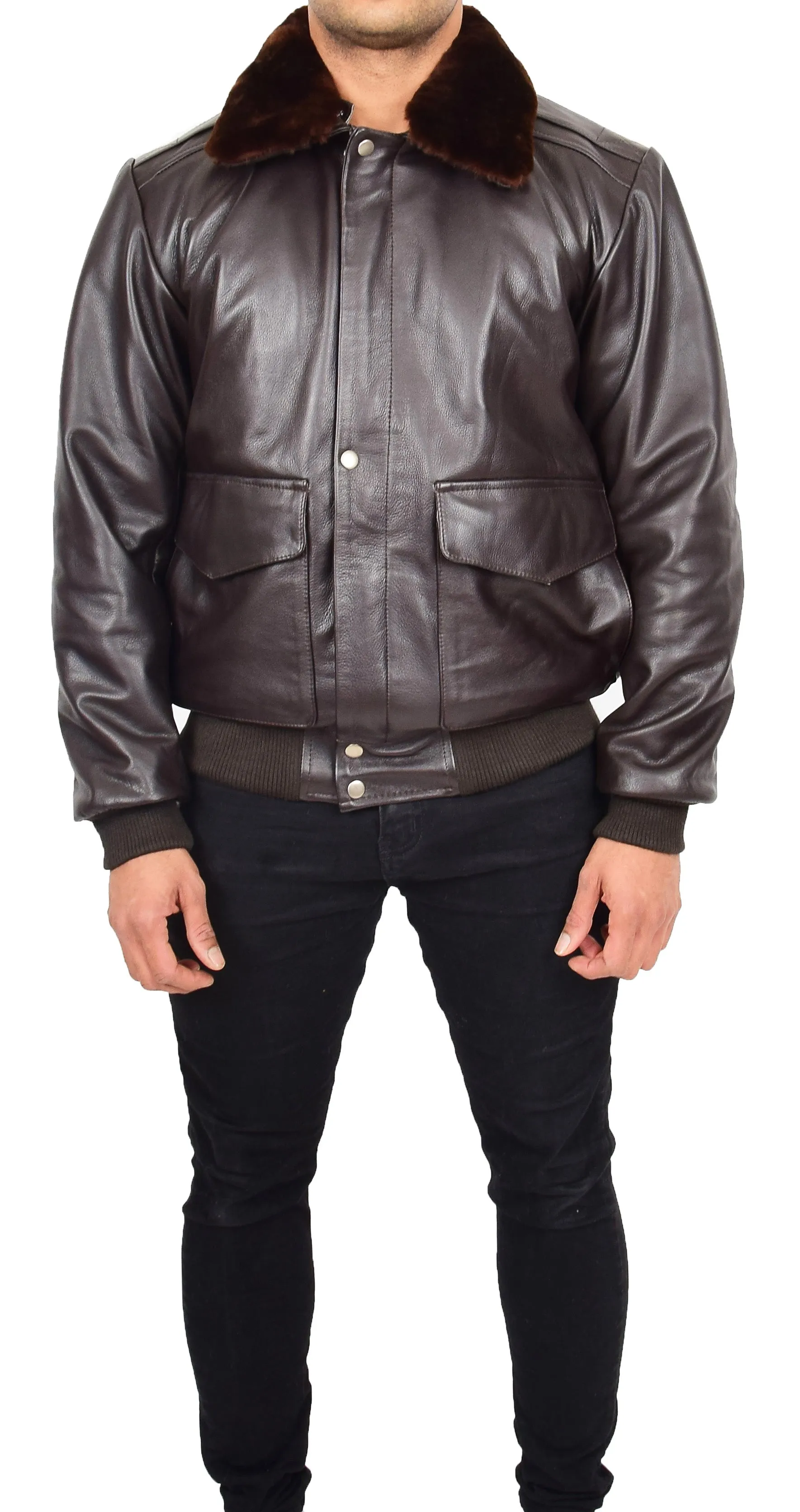 Mens Genuine Cowhide Brown Leather Flight Jacket Sheepskin Collar Bomber Harrier