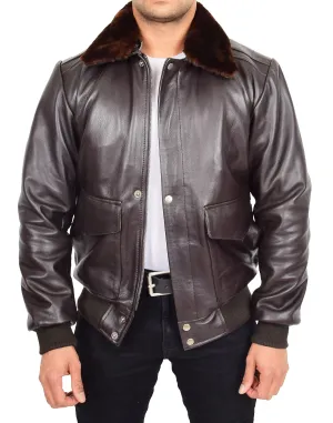 Mens Genuine Cowhide Brown Leather Flight Jacket Sheepskin Collar Bomber Harrier