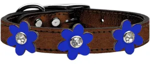 Metallic Flower Leather Collar Bronze With Metallic Blue Flowers Size 16