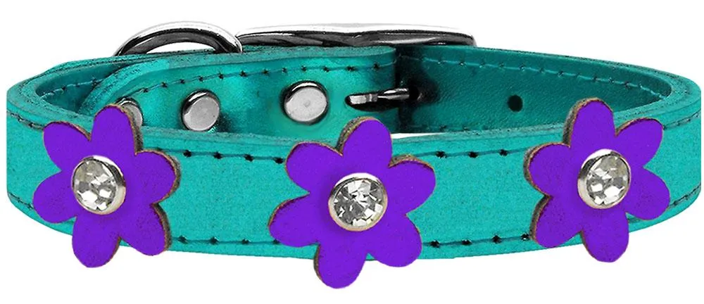 Metallic Flower Leather Collar Metallic Turquoise With Metallic Purple Flowers Size 24