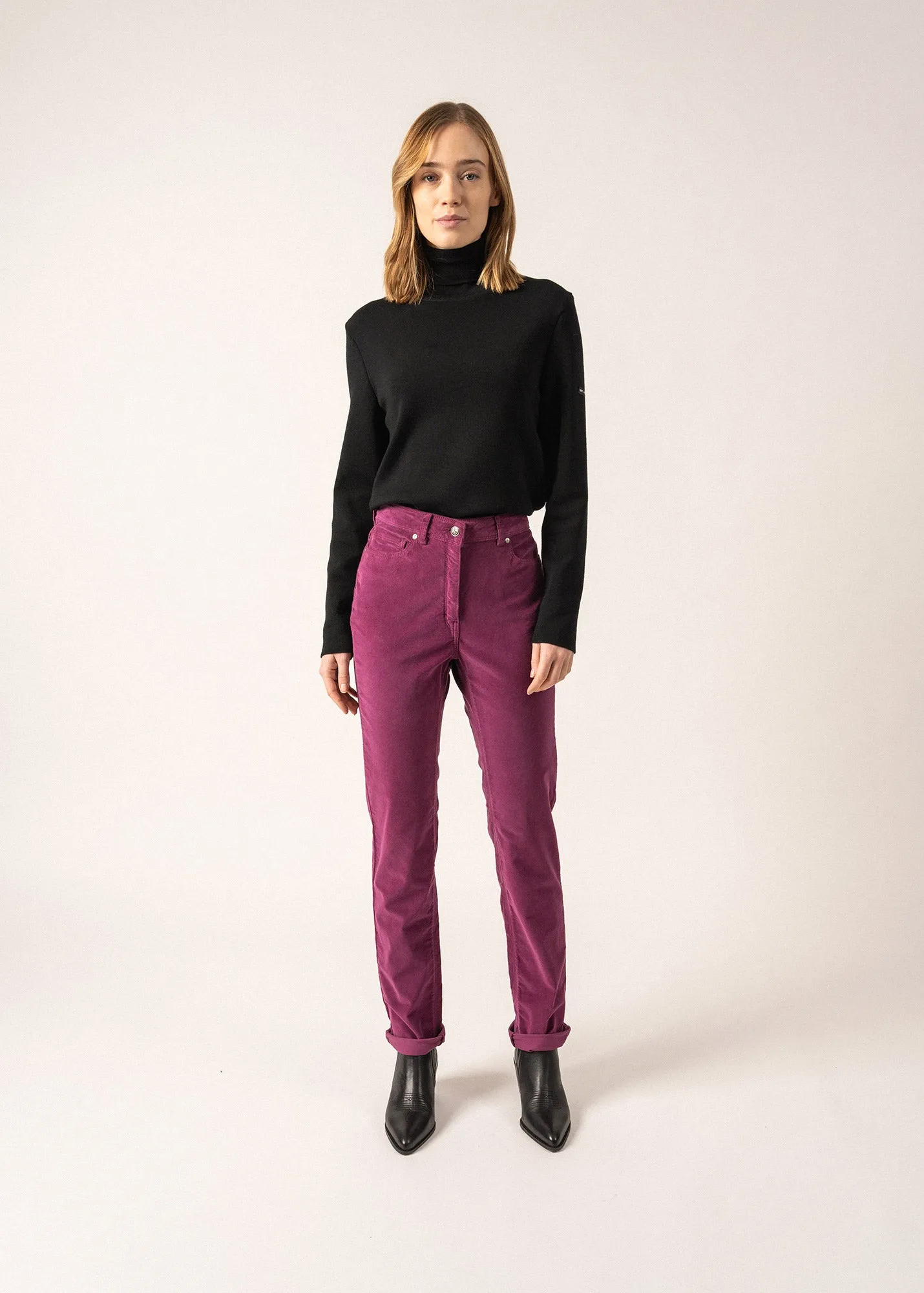 Mimosa pants - high waist, in striped velvet (PRUNE)