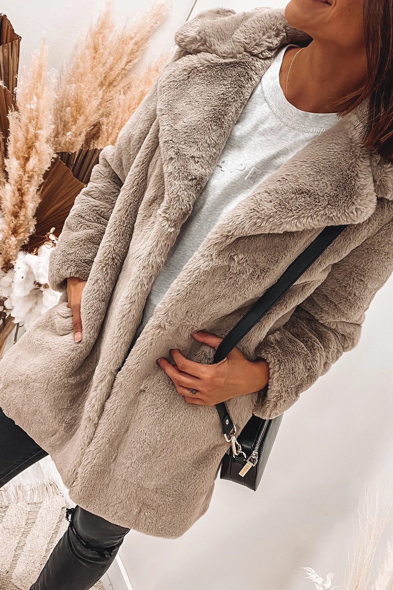 Minimalist Faux Fur Jacket Stone