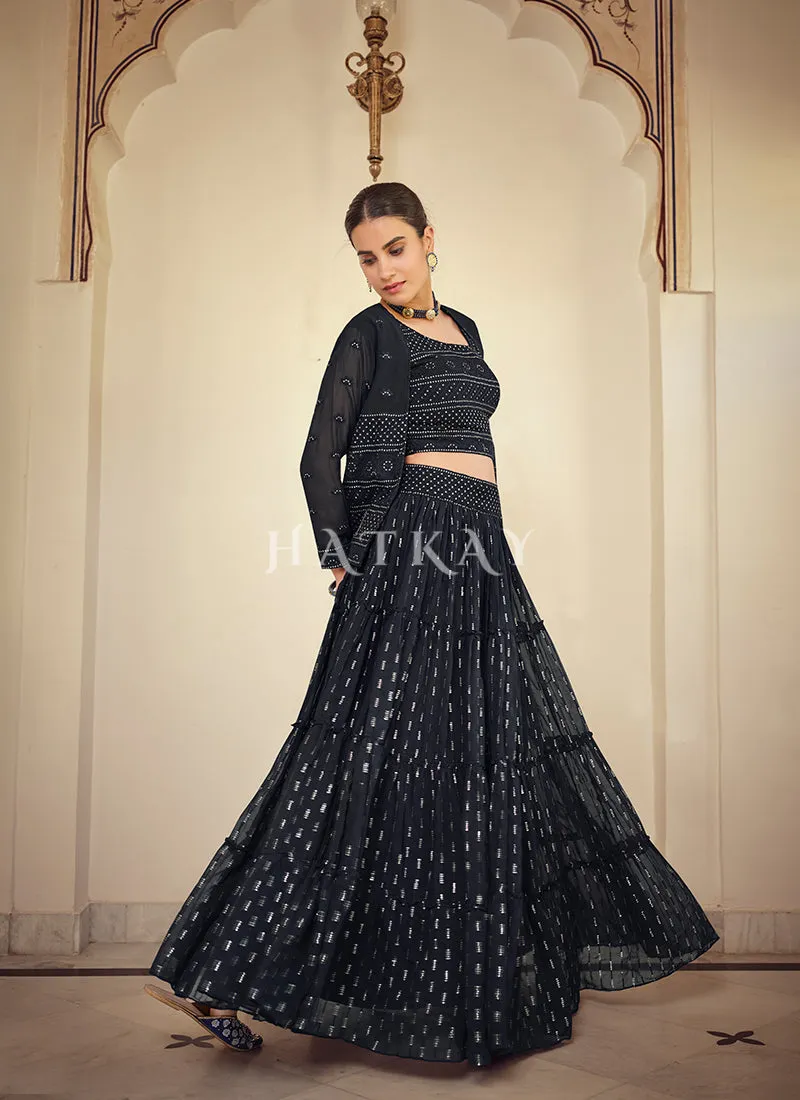 Navy Blue Sequence Embroidered Jacket Style Lehenga Choli