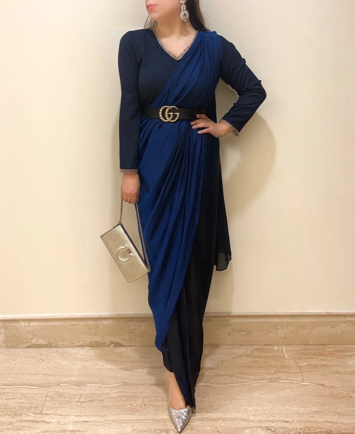 Navy Jumpsuit Drape Sari