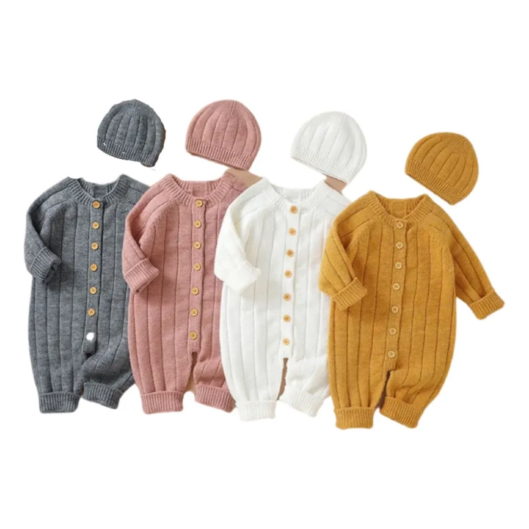 Newborn Baby Knit Romper Newborn Long Sleeve Jumpsuit   Hat - Yellow