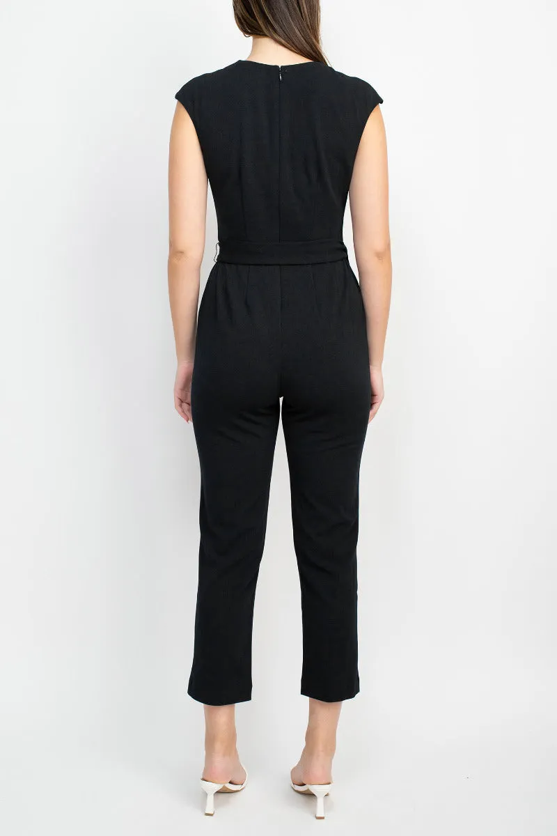 Nine West V-Neck Sleeveless Tie Waist Zipper Back Solid Crepe Jumpsuit with Pockets