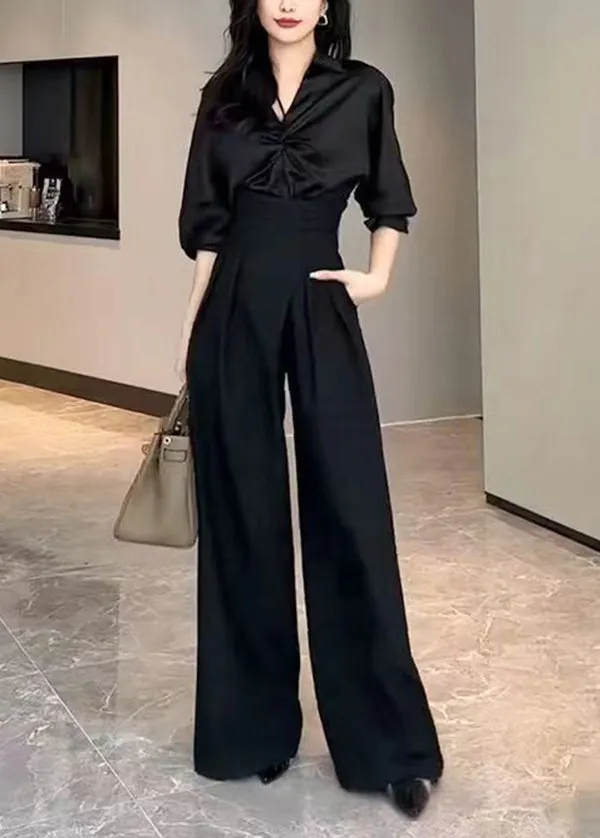 Original Design Black High Waist Cotton Wide Leg Pants Spring