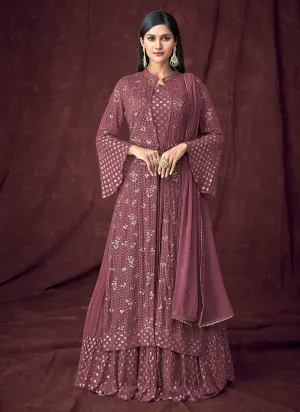 Pale Wine Embroidered Jacket Style Anarkali Lehenga Suit