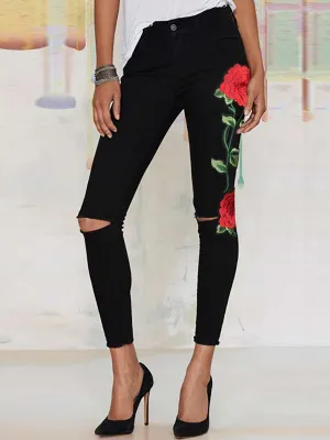 Pants Denim Embroidered High Waist Jeans for Women