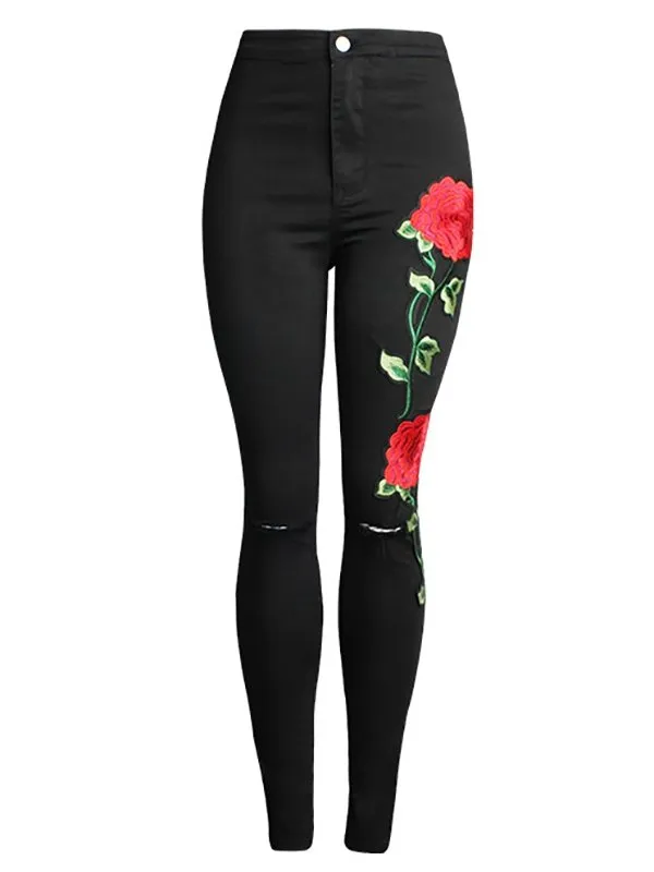 Pants Denim Embroidered High Waist Jeans for Women