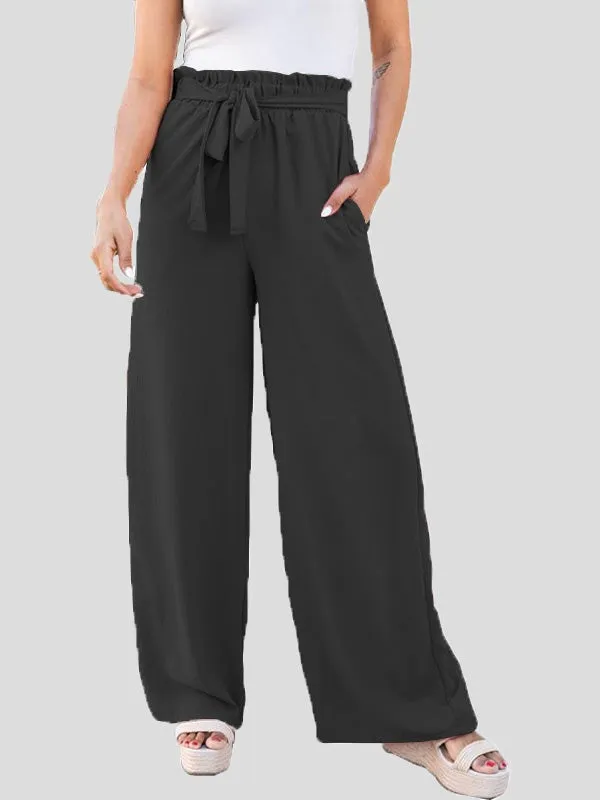 Pants Loose Solid High Waist Belted Wide Leg Flared Pants for Women