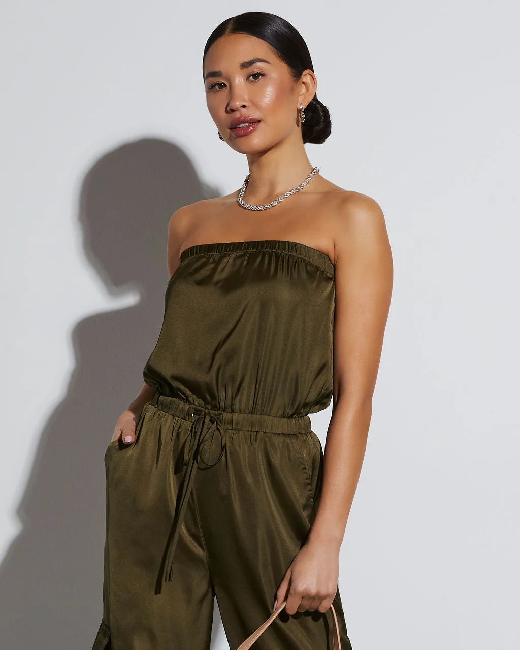 Parisa Strapless Satin Tie Waist Jumpsuit