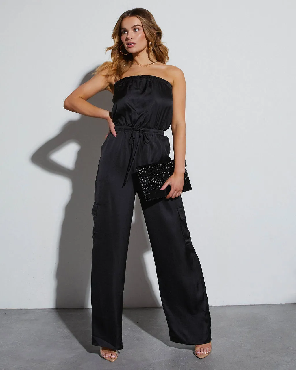 Parisa Strapless Satin Tie Waist Jumpsuit