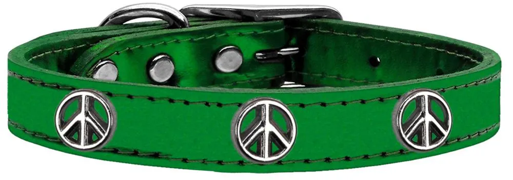 Peace Sign Widget Genuine Metallic Leather Dog Collar Emerald Green 10