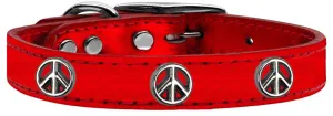 Peace Sign Widget Genuine Metallic Leather Dog Collar Red 14