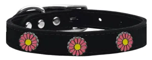 Pink Daisy Widget Genuine Leather Dog Collar Black 12