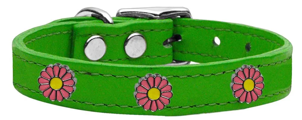 Pink Daisy Widget Genuine Leather Dog Collar Emerald Green 16