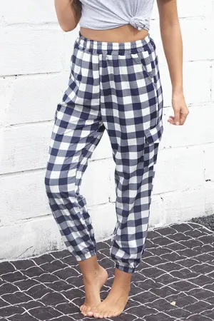 Plaid Elastic High Waist Cargo Pants