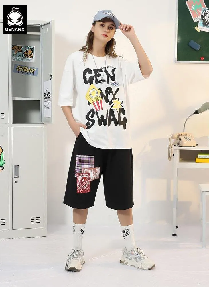 Plain Patchwork Graffiti Loose Straight Shorts