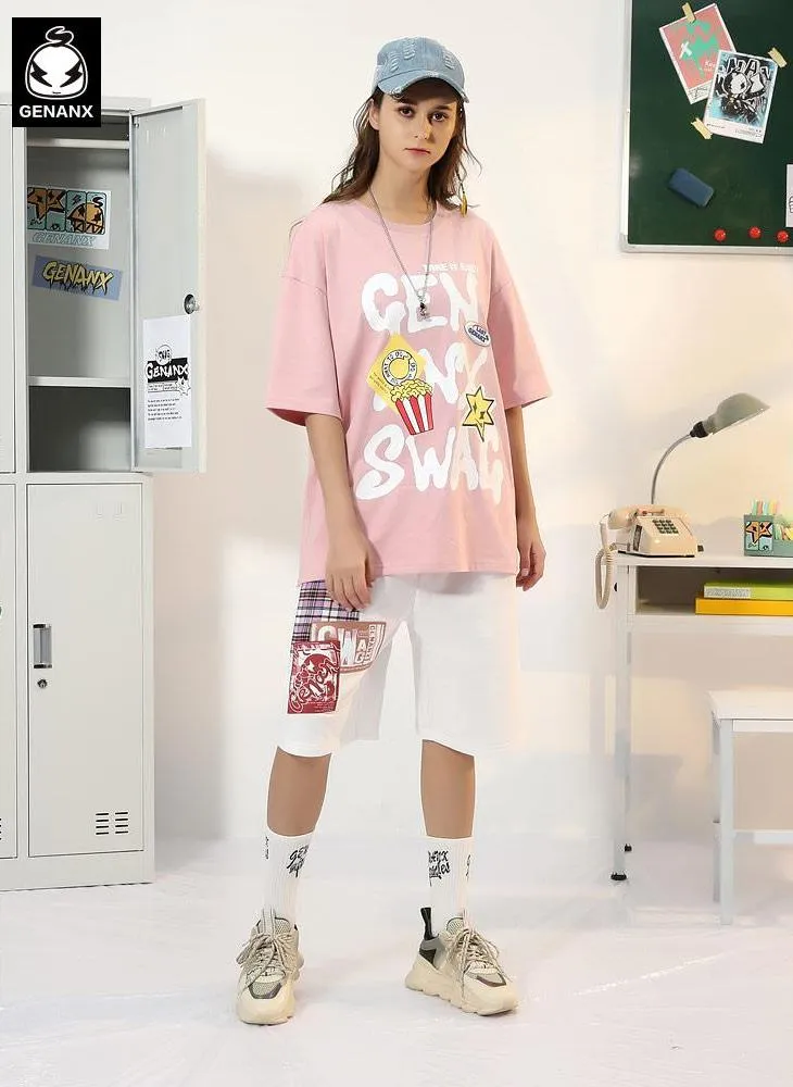 Plain Patchwork Graffiti Loose Straight Shorts