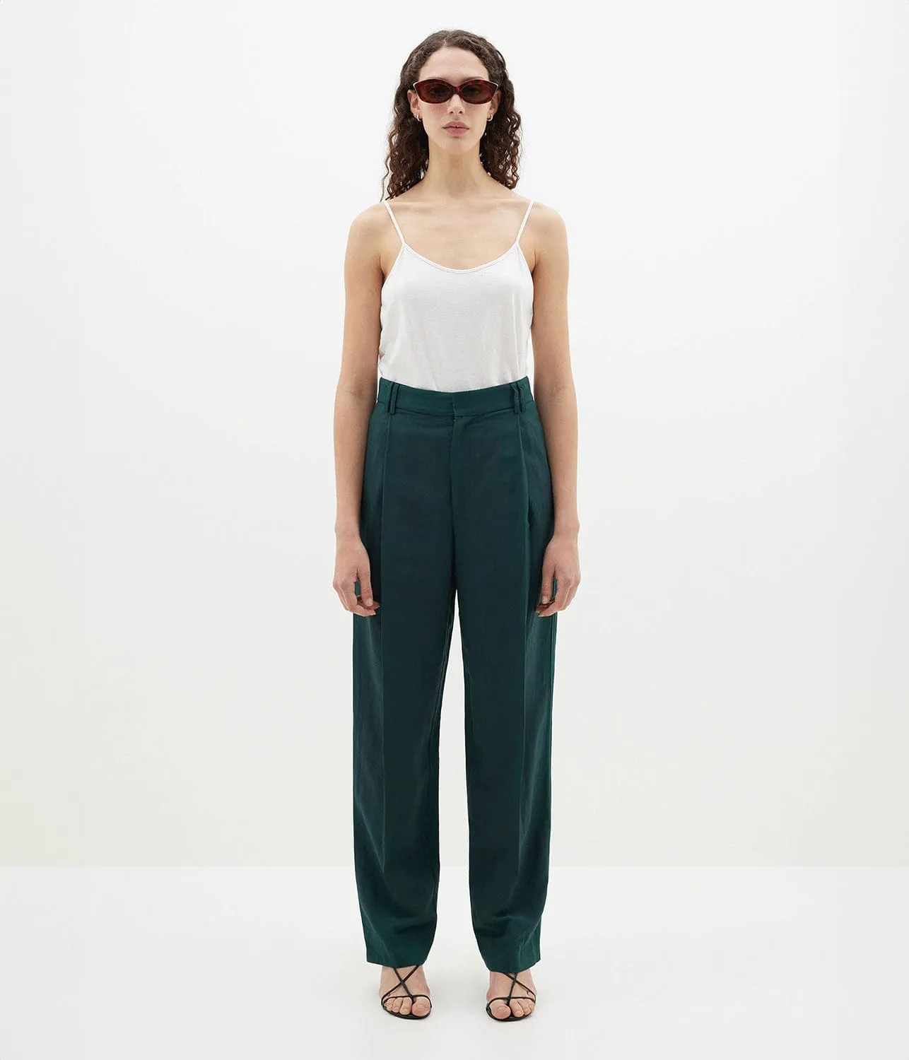 PLEAT FRONT LINEN PANT- MALACHITE