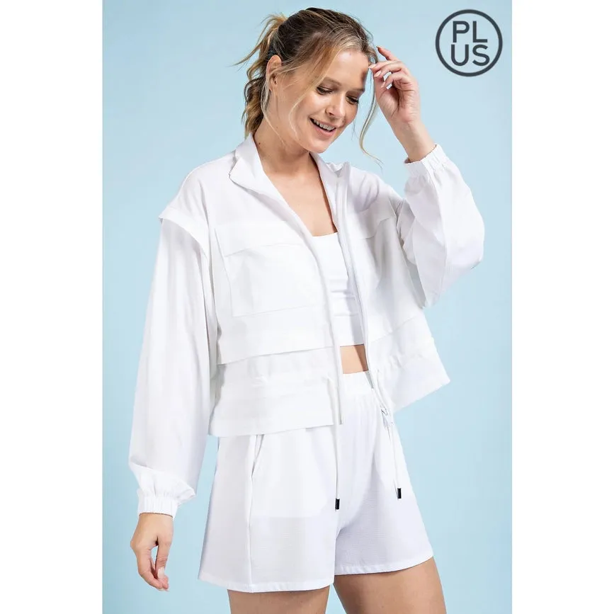 Plus Size Crinkle Woven Cropped Jacket Off White