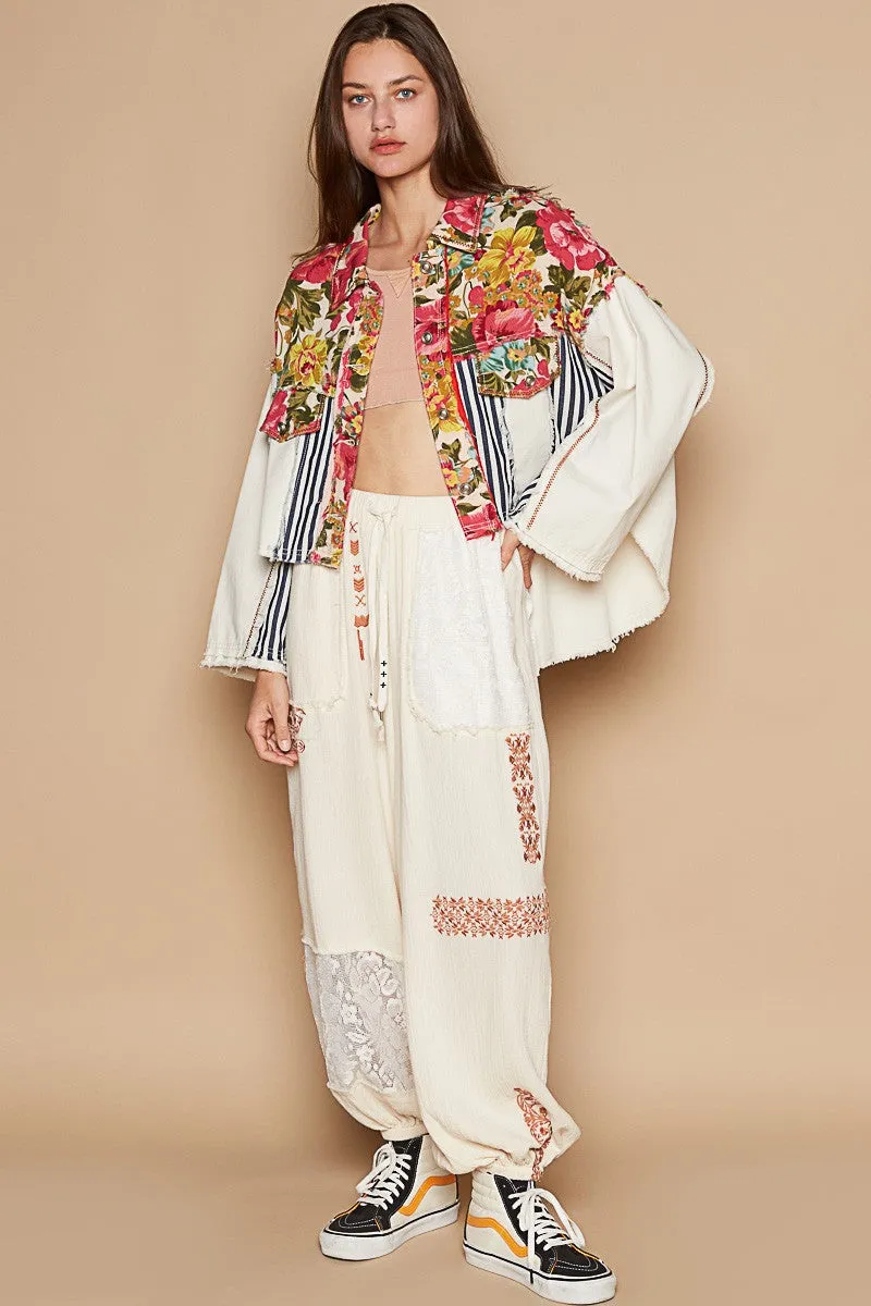 POL Cropped  Mixed Print Jacket in Floral/Stripe