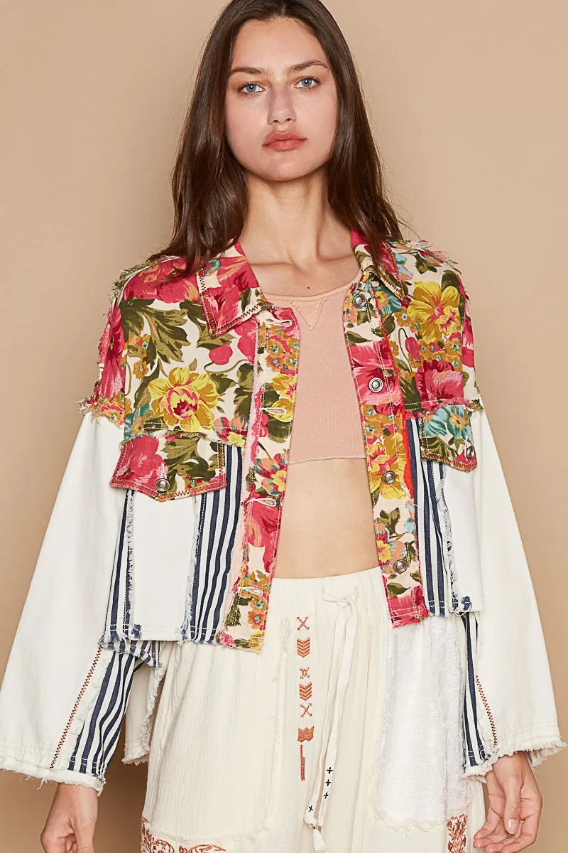 POL Cropped  Mixed Print Jacket in Floral/Stripe