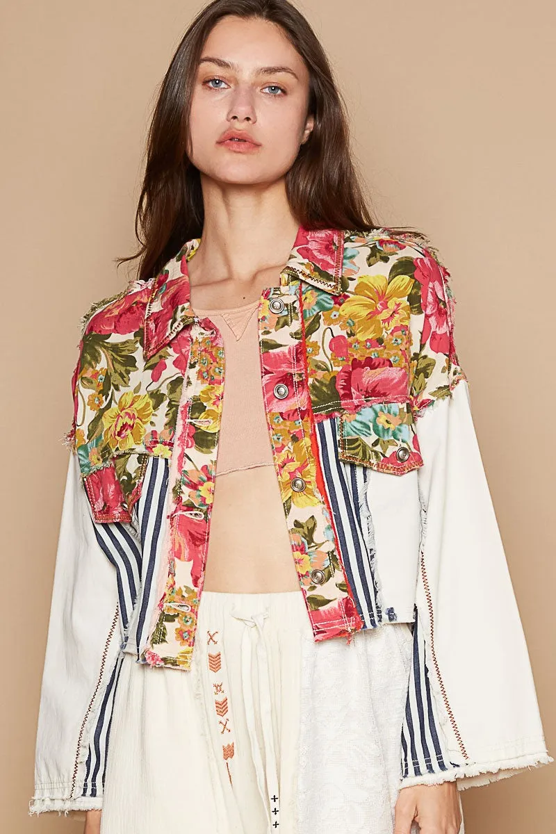 POL Cropped  Mixed Print Jacket in Floral/Stripe