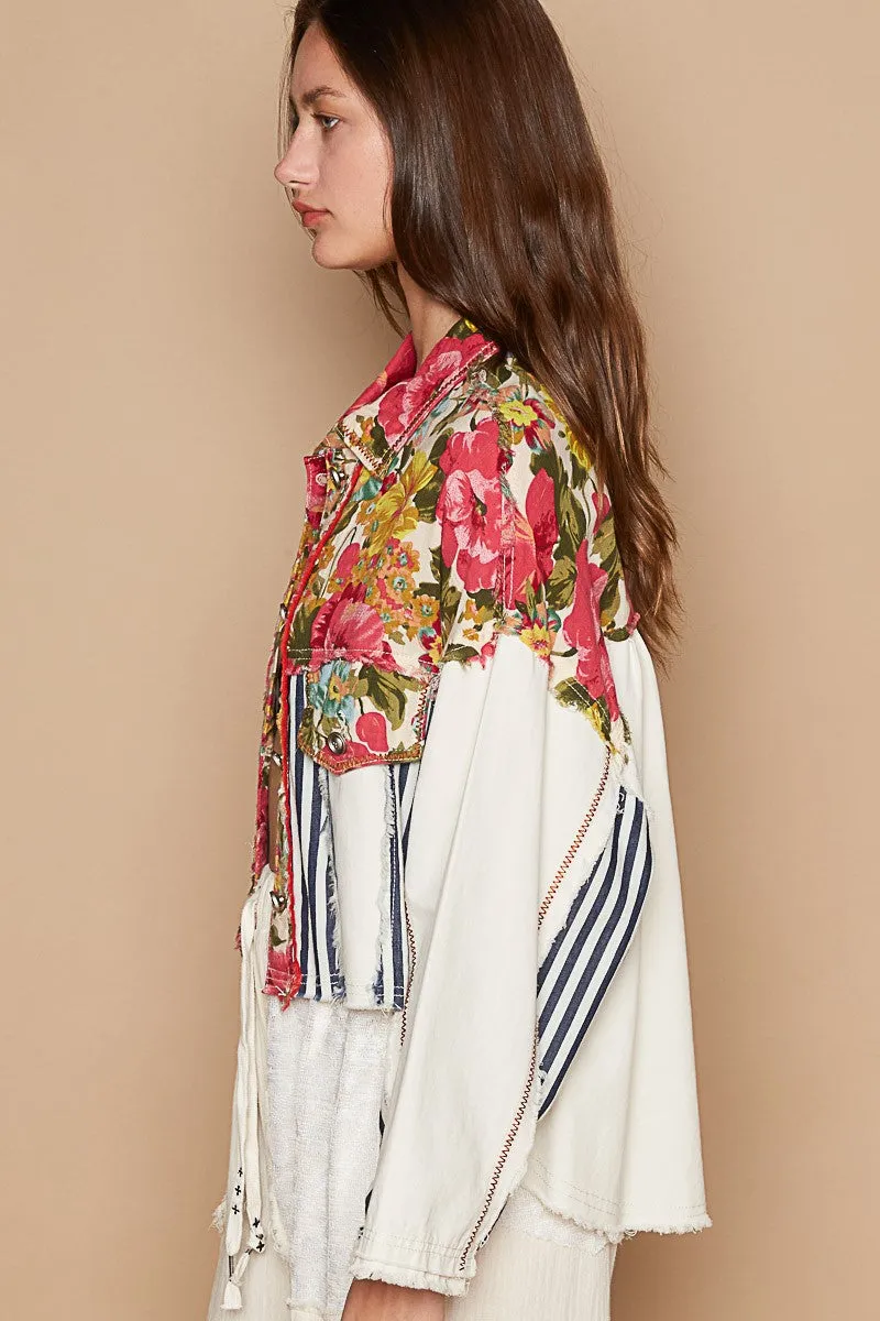 POL Cropped  Mixed Print Jacket in Floral/Stripe