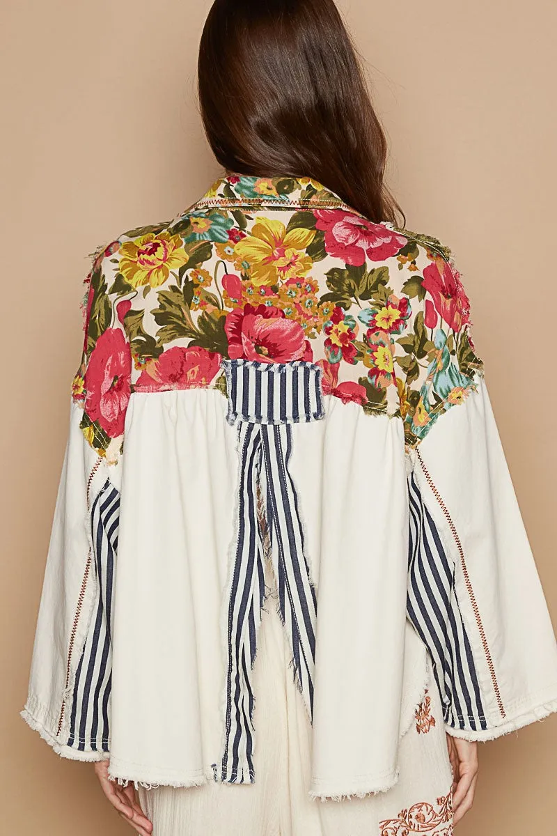 POL Cropped  Mixed Print Jacket in Floral/Stripe