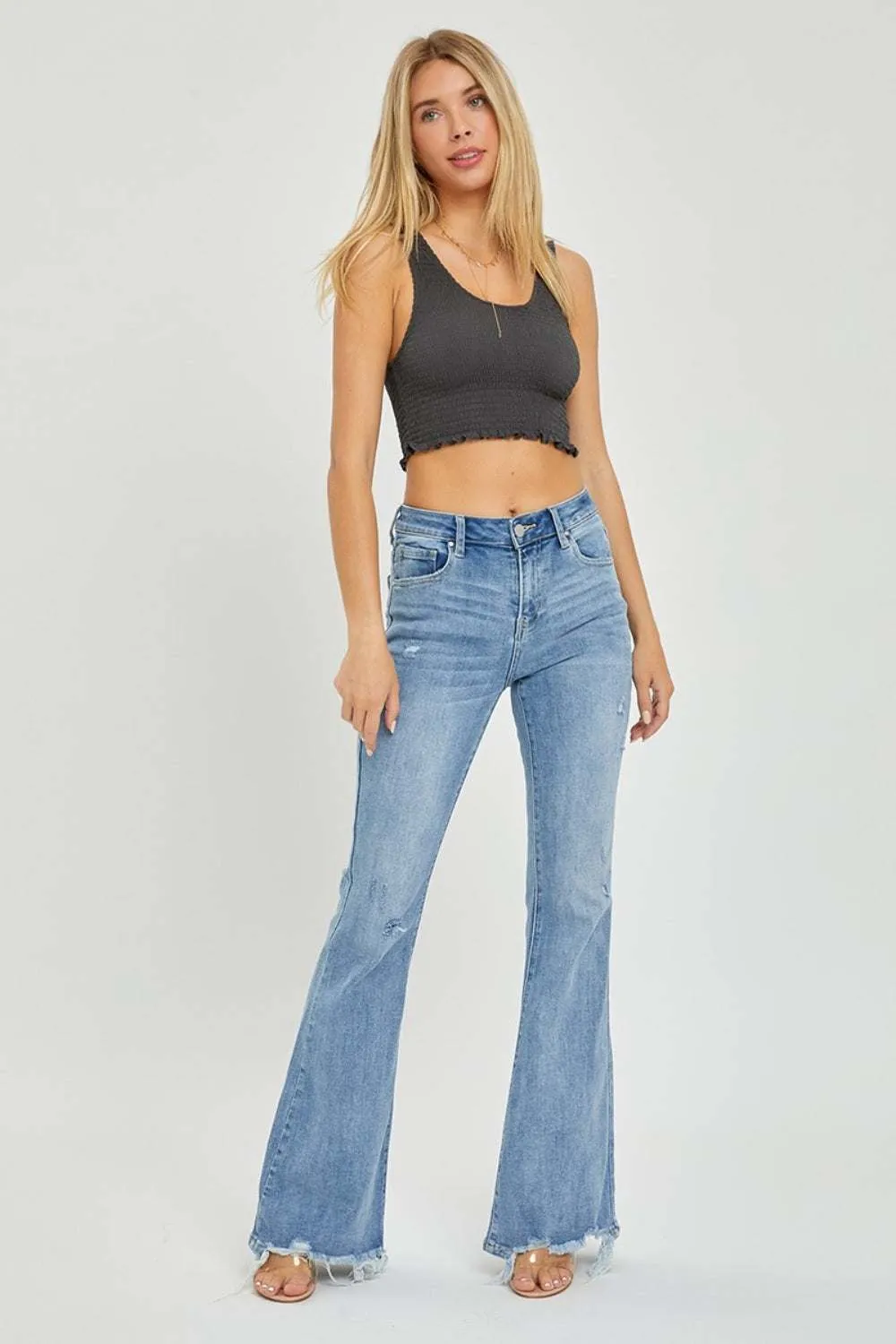 Risen Full Size High Rise Frayed Hem Flare Jeans