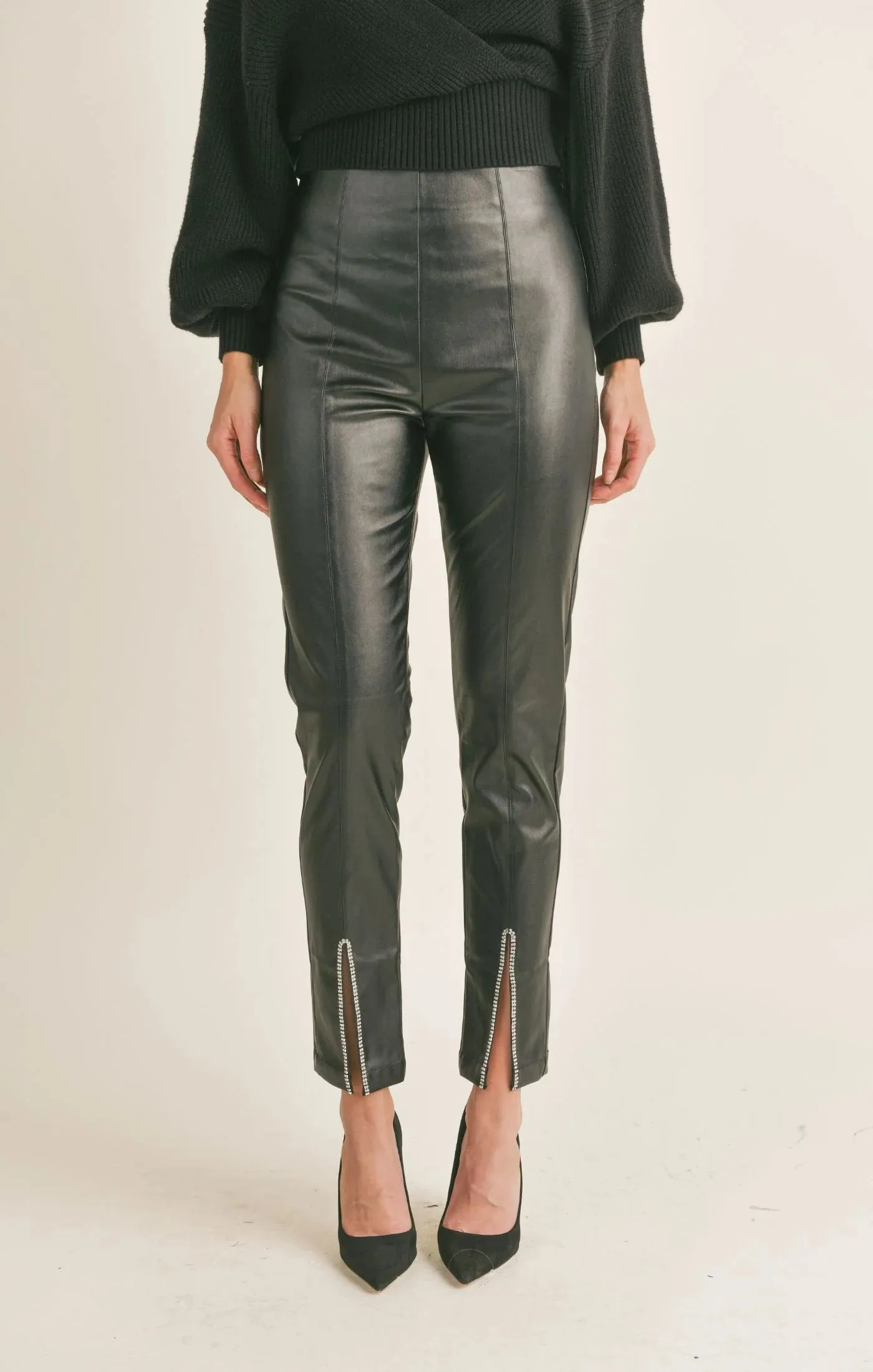 Sage The Label - Night Owl Embellished Front Slit VGN Leather Pants