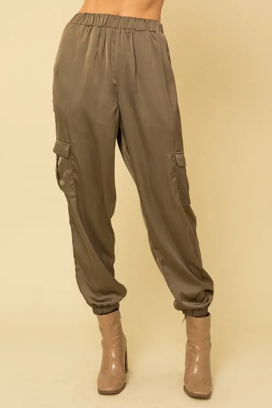 Sarah Satin Cargo Joggers in Black or Olive