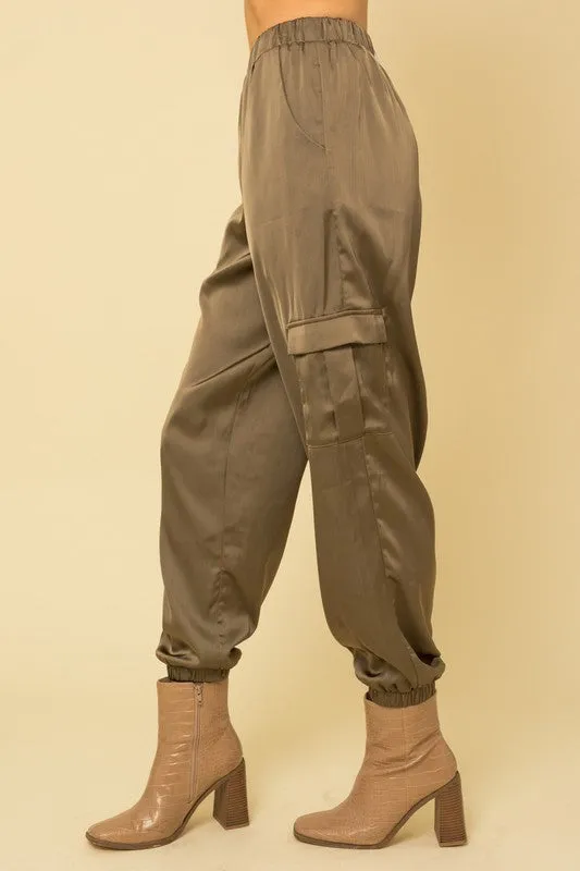 Sarah Satin Cargo Joggers in Black or Olive