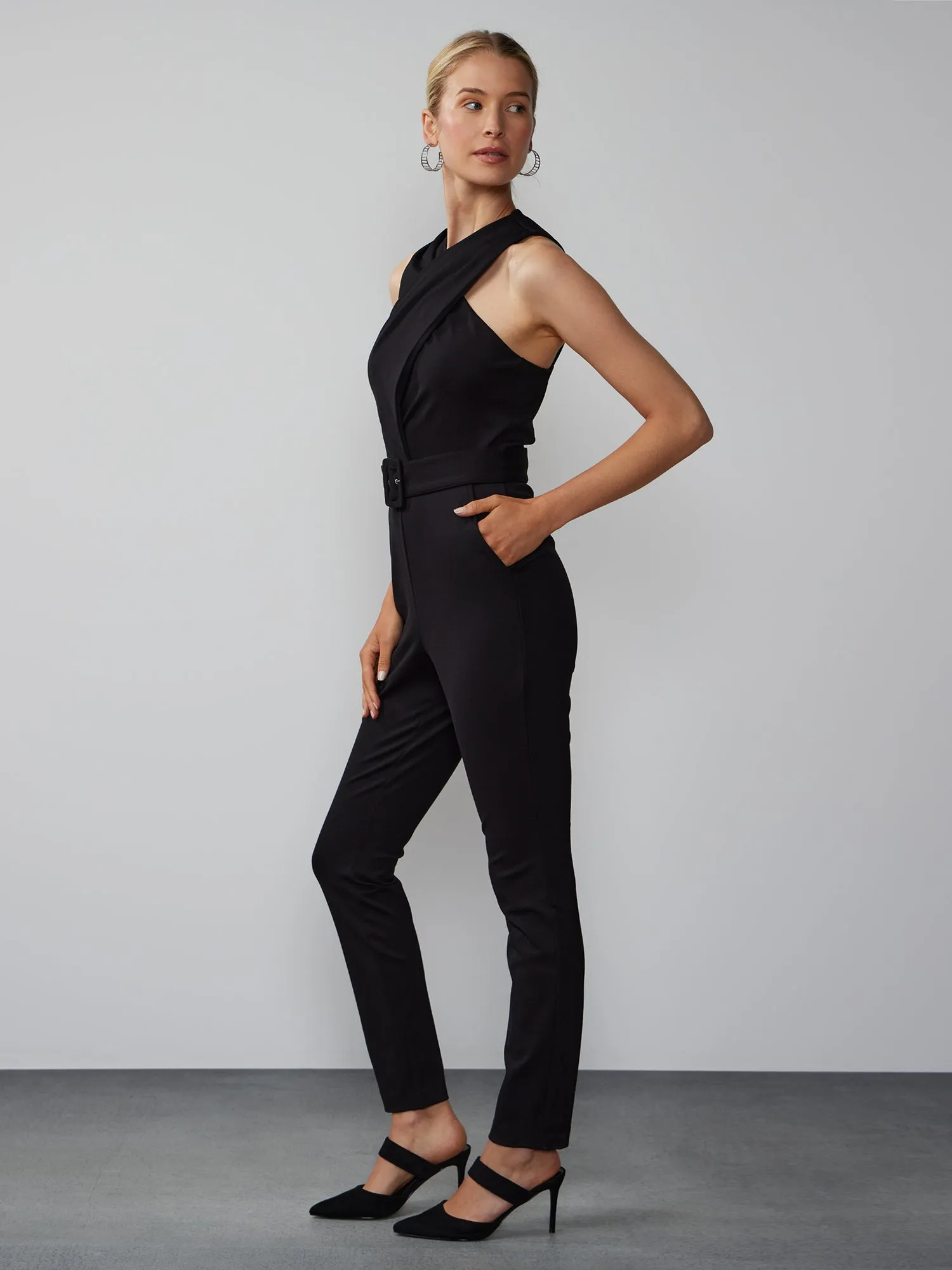 Sleeveless Halter Cross Front Ponte Jumpsuit